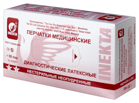 ПЕРЧАТКИ ДИАГНОСТИЧЕСКИЕ INEKTA ЛАТЕКСНЫЕ НЕСТЕРИЛЬНЫЕ НЕОПУДРЕННЫЕ N50 ПАР L/БЕЛЫЙ