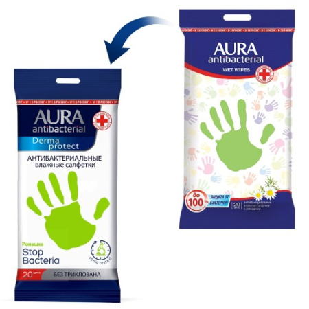 AURA ANTIBACTERIAL DERMA PROTECT САЛФЕТКИ ВЛАЖНЫЕ ОЧИЩАЮЩИЕ АНТИБАКТЕРИАЛЬНЫЕ РОМАШКА N20